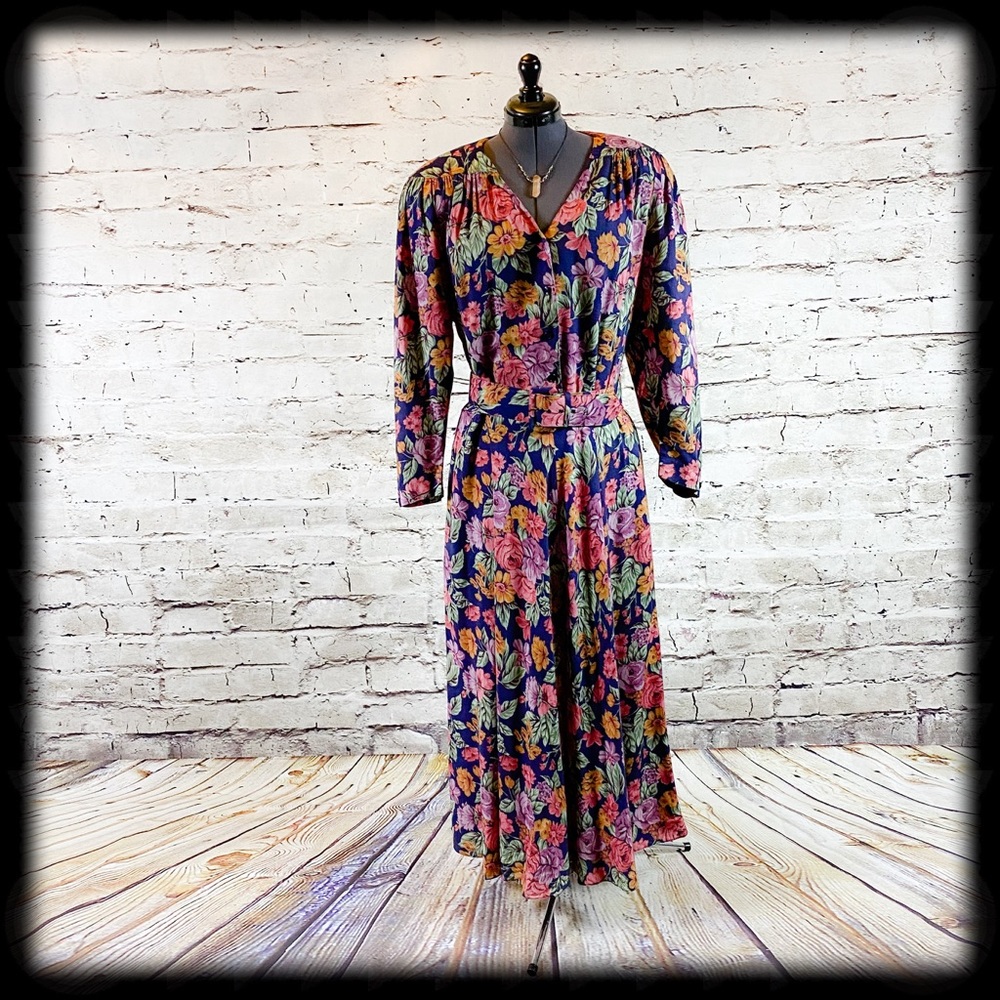 Vintage 80s Long Rayon Floral Dress with Self-Belt